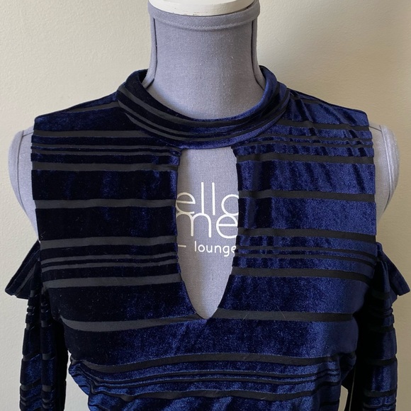 Guess cold shoulder choker neck blue/black velvet striped dress Size 8 - Picture 2 of 12